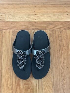 Fitflop Black and Metallic Silver Embellished Slide Sandals